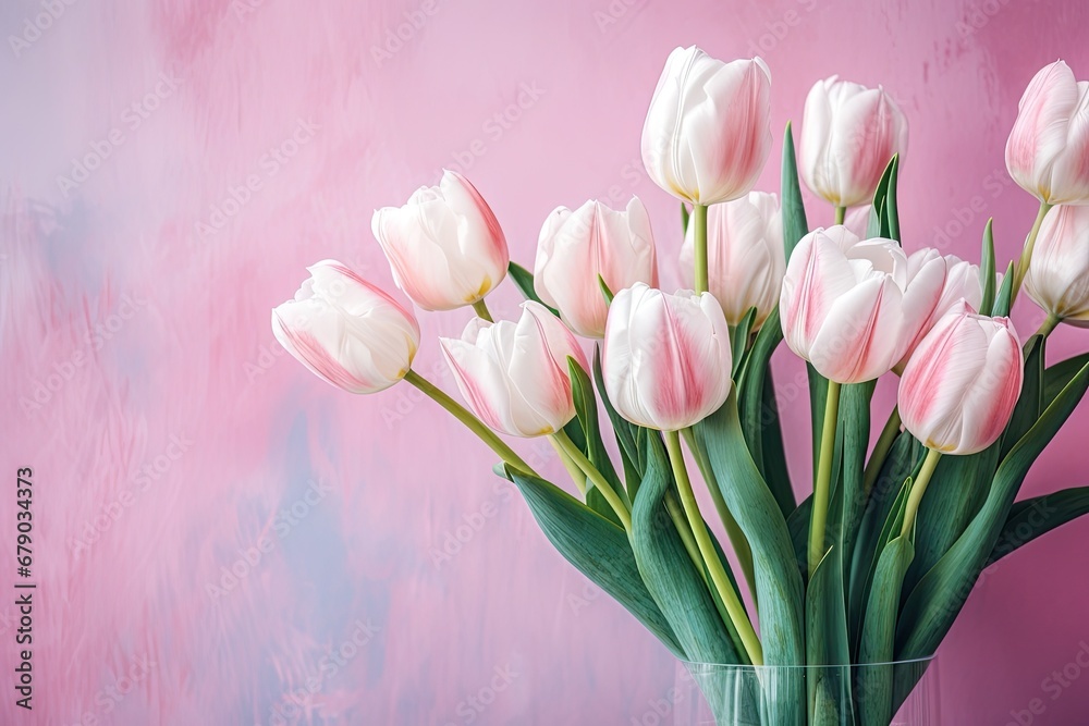 Fototapeta premium pink and white tulips of the on the pink background