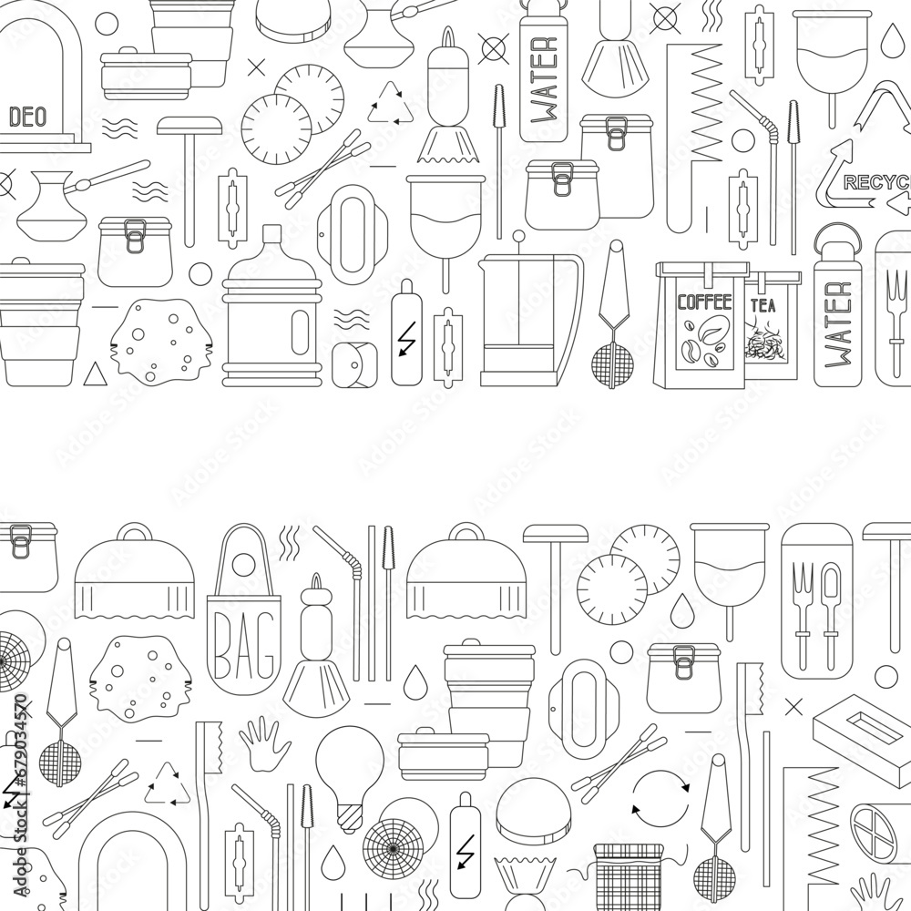 ecology and natural frame background. Zero waste lifestyle line art set. vector doodle illustration collection ecology and natural frame background. Zero waste lifestyle line art set. vector doodle illustration collection