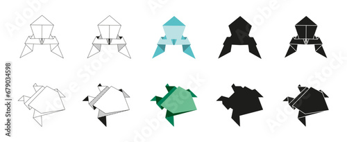 Origami frog Folded Paper Shapes. Flat Illustration Set. line, graphic, color and Black silhouette icon