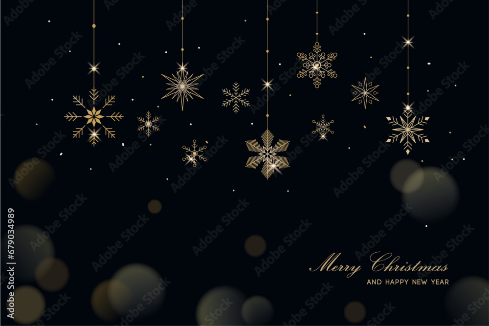 christmas background with golden hanging snowflakes - obrazy, fototapety, plakaty 
