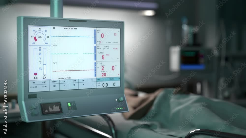 Patient On Artificial Lung Ventilation Dies In Emergency Operating Room. Medical Operating Room Equipment Warns Of Patient In Emergency State. Patient In Emergency Health Condition At Operating Room Patient On Artificial Lung Ventilation Dies In Emergency Operating Room. Medical Operating Room Equipment Warns Of Patient In Emergency State. Patient In Emergency Health Condition At Operating Room