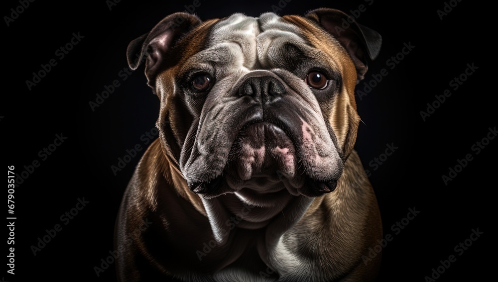 Experience the captivating contrast of light and shadow as a charismatic Bulldog takes center stage against a sleek black backdrop.