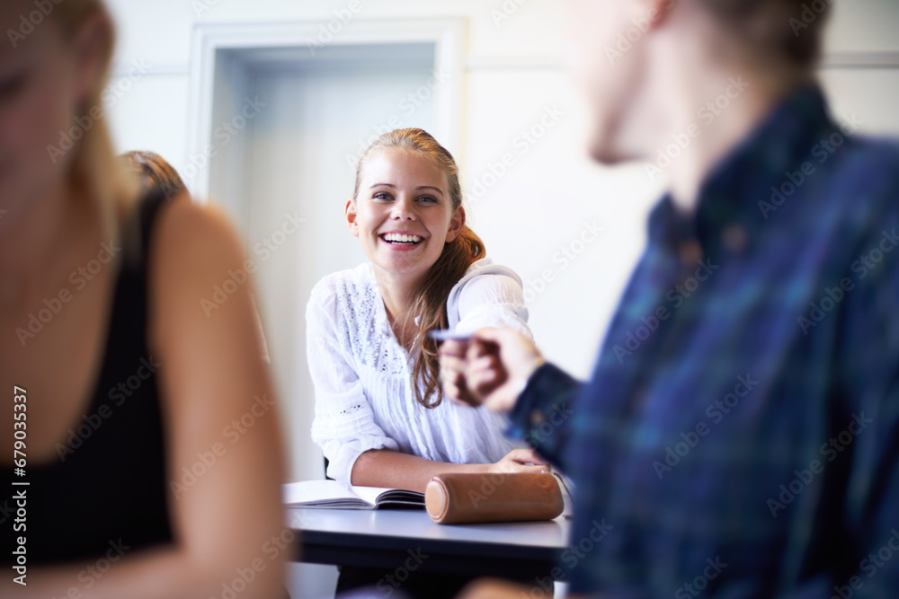 Fototapeta premium Student, note and pass a letter in class at high school with friends and social communication. Hand, paper and teenager writing secret, crush and information in classroom with quiet conversation