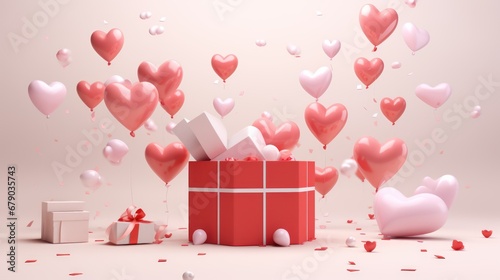 Gift box opening with pink and red hearts flying,a Valentine's Day delight. photo
