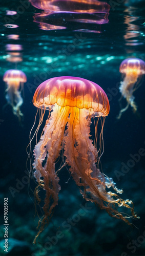 Beautiful luminous jellyfish floating in the mysterious sea. Breathtaking underwater scene. Suitable for banner or poster.