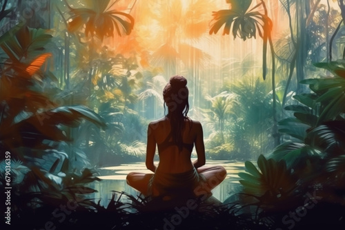 Healthy lifestyle, states of mind concept. Woman silhouette meditating or making yoga in dense jungles and illuminated with sun light