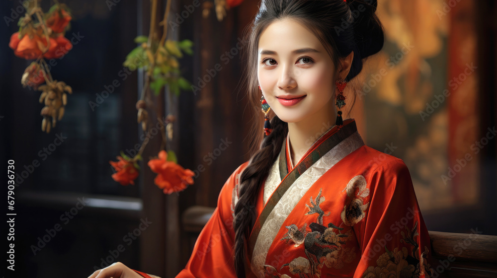 smiling Chinese girl with Chinese new year traditional clothing, lunar spring festival smiling Chinese girl with Chinese new year traditional clothing, lunar spring festival
