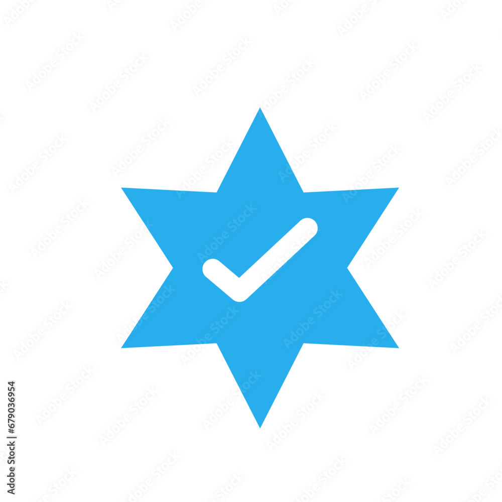 Approved Icon. White Check Mark with Blue Circle Shape Sparkle Star Sticker Label Approved Icon. White Check Mark with Blue Circle Shape Sparkle Star Sticker Label