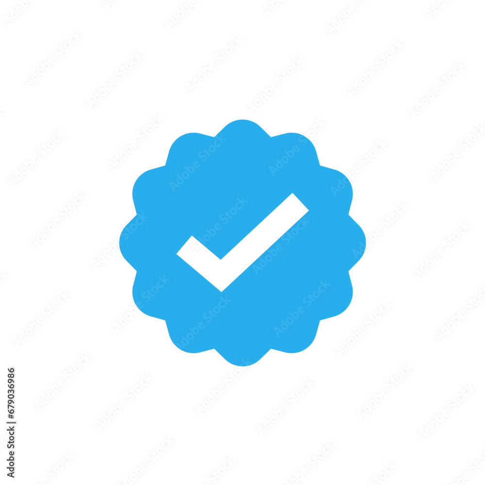 Approved Icon. White Check Mark with Blue Circle Shape Sparkle Star Sticker Label Approved Icon. White Check Mark with Blue Circle Shape Sparkle Star Sticker Label