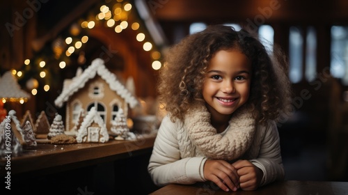 Little black girl smiling next to a gingerbread house