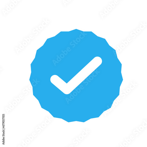 Approved Icon. White Check Mark with Blue Circle Shape Sparkle Star Sticker Label 