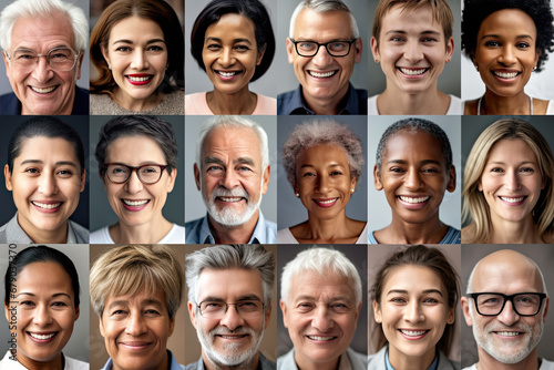 Group of happy carefree smiling people, multiracial and different ages composite portrait image of diversity society photo