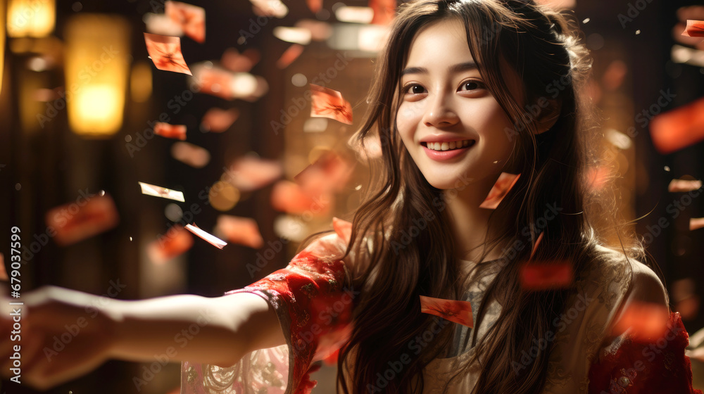 smiling Chinese girl with Chinese new year traditional clothing, lunar spring festival smiling Chinese girl with Chinese new year traditional clothing, lunar spring festival