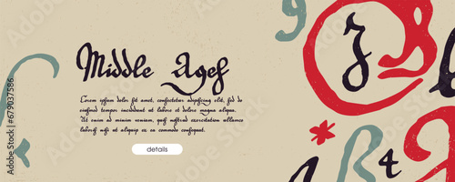 Medieval manuscript frame with blackletter gothic calligraphy. Ornamental lettering composition. Middle Ages template for vintage knight card, Halloween banner, pirate grunge labels, horror label.