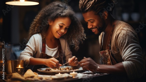 African father making Christmas cookies with little daughter