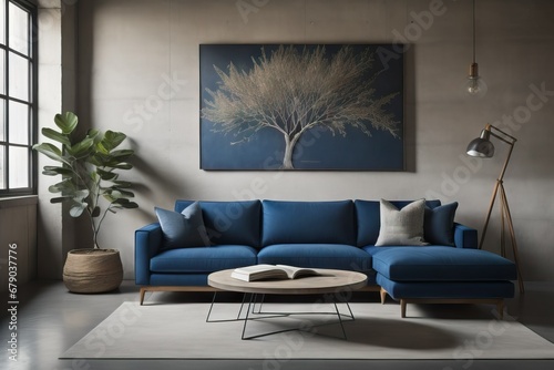 Dark blue sofa and round wooden coffee table against concrete wall with painted tree branches. Loft home interior design of modern living room