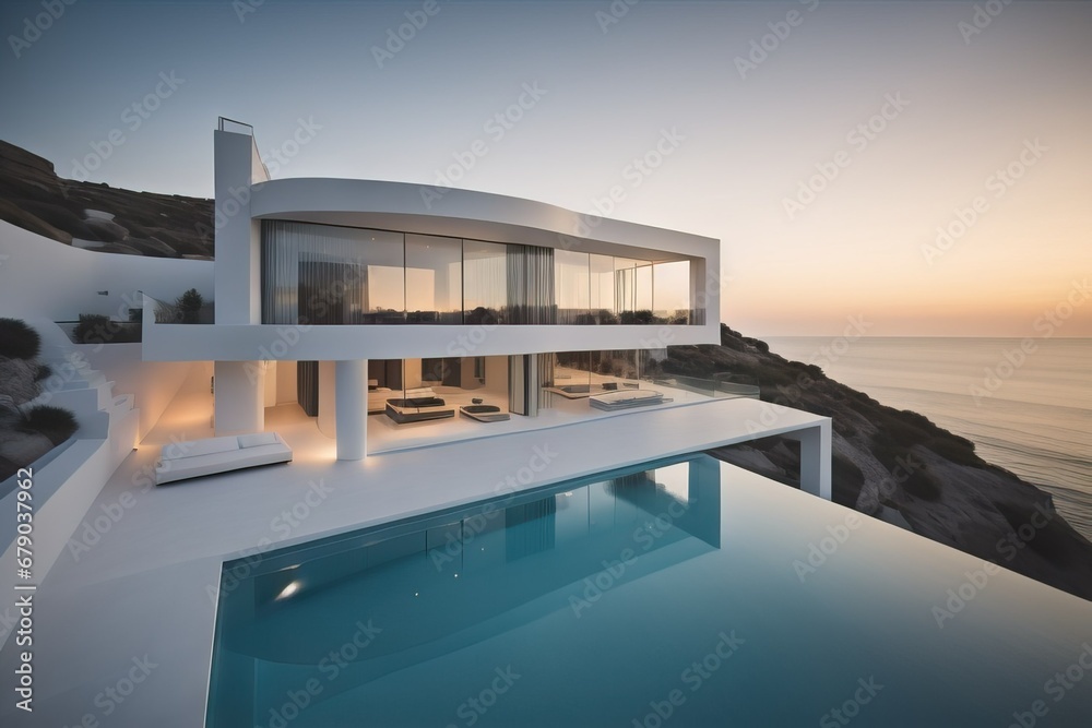  Exterior of modern luxury minimalist white villa with swimming pool on a cliff by the sea water at sunset