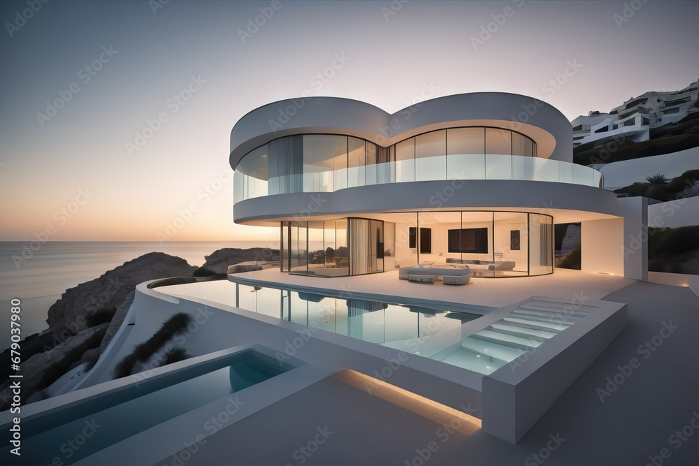  Exterior of modern luxury minimalist white villa with swimming pool on a cliff by the sea water at sunset