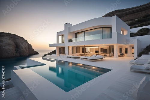  Exterior of modern luxury minimalist white villa with swimming pool on a cliff by the sea water at sunset © Marko