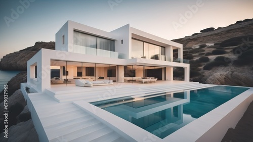  Exterior of modern luxury minimalist white villa with swimming pool on a cliff by the sea water at sunset © Marko