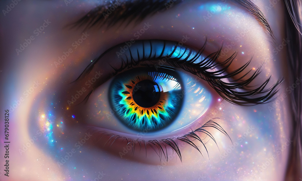 カラフルな光に包まれた女性の目のアップ.generative AI