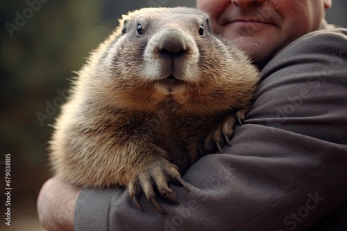 A marmot sits on a man's arms. Groundhog day concept photo