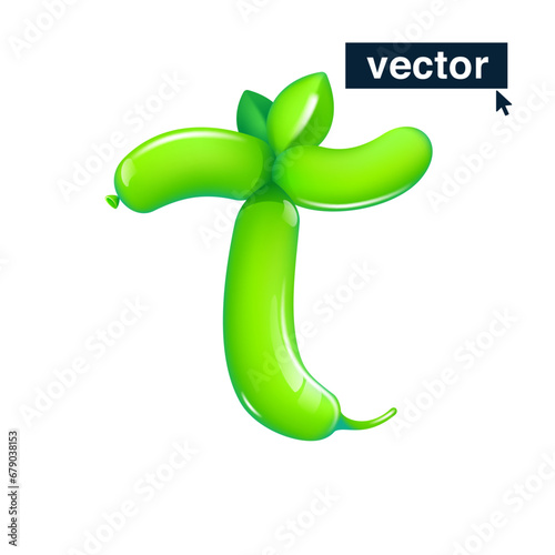 T letter logo made of twisted balloons. Eco-friendly realistic 3D render with green leaves. Vector elements in cartoon style. Perfect for nature banner, healthy food labels, garden art, and grass adv.