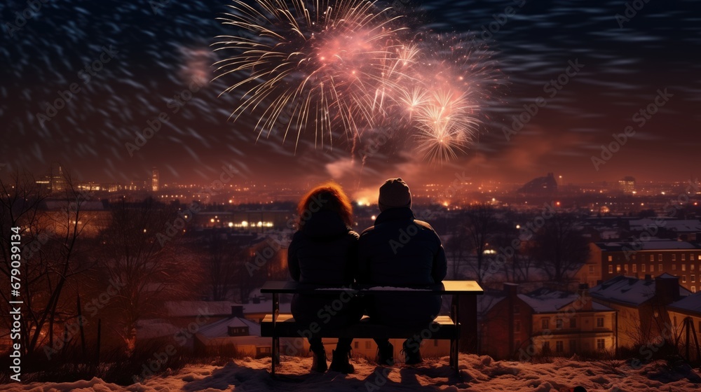 romance couple with fireworks over the city