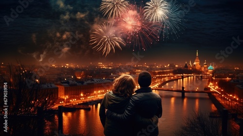 couple and fireworks on the river © banthita166