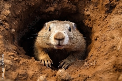 Portrait of a marmot. The rodent climbs out of the hole. Up close Groundhog Day. © Дмитрий Баронин