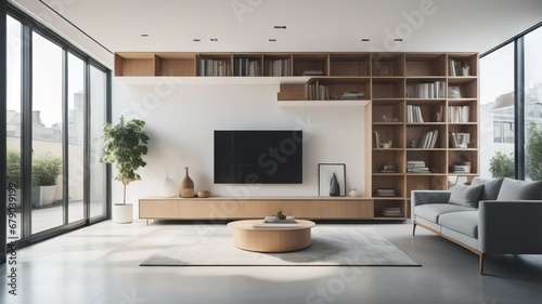 Minimalist interior design of modern living room with shelving unit