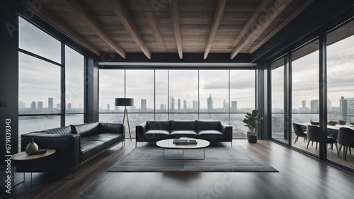 Minimalist studio apartment with black leather sofa. Interior design of modern living room, panorama