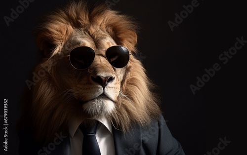 lion animal in the form of a man in a suit and sunglasses, a good leader, the boss, director, generative ai © vladischern