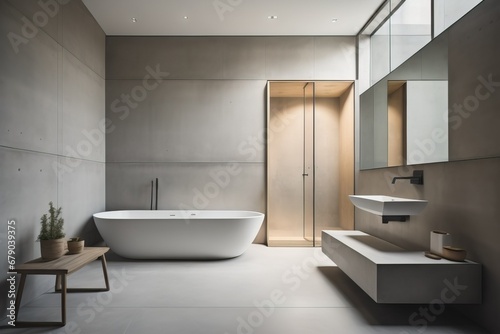 Minimalist style interior design of modern bathroom with concrete wall