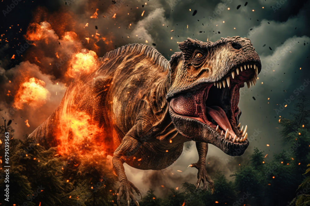 A terrible dinosaur Tyrannosaurus T-rex with an open huge mouth and powerful teeth. Prehistoric monster. A terrible dinosaur Tyrannosaurus T-rex with an open huge mouth and powerful teeth. Prehistoric monster.