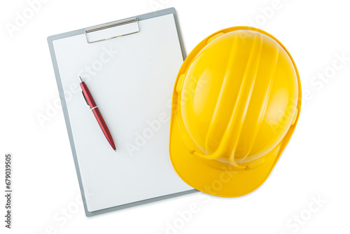 Yellow construction Helmet And Ballpoint Pen On Clipboard With Blank Paper Isolated.