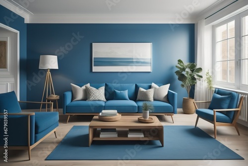 Modern interior design of living room. Blue sofa, and wooden coffee tables over blue wall with copy space