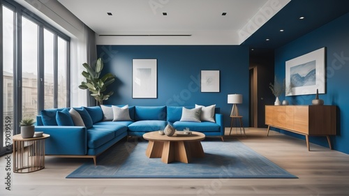 Modern interior design of living room. Blue sofa  and wooden coffee tables over blue wall with copy space