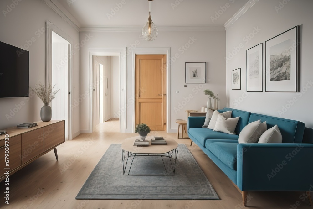 Fototapeta premium Modern interior of apartment, home design, living room with sofa, hall with door