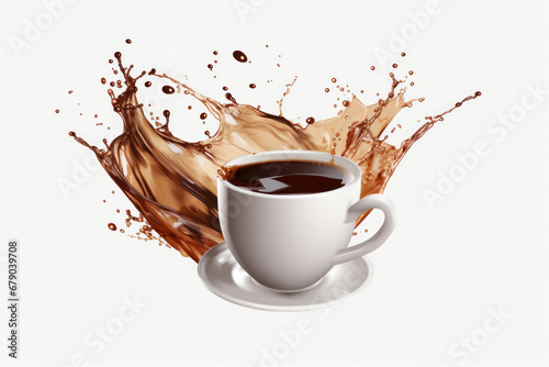 Photo of a steaming cup of coffee with a decadent chocolate drizzle pouring over the rim