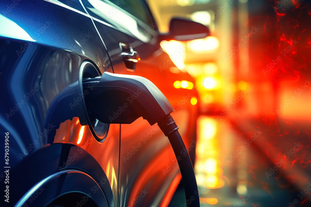 Electric Car Charger Plugged In A Vehicle Socket In A Parking Lot electric-car-charger-plugged-in-a-vehicle-socket-in-a-parking-lot
