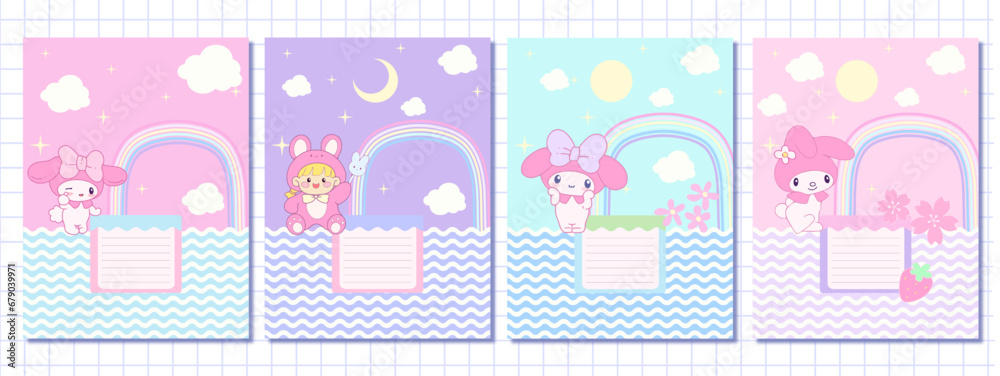 Set cute notebook cover for kids with hand drawing kawaii cartoon elements animals characters children on soft pink purple yellow background with background inspiration kid education Set cute notebook cover for kids with hand drawing kawaii cartoon elements animals characters children on soft pink purple yellow background with background inspiration kid education