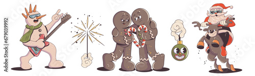 Groovy christmas set, collection of trendy retro hippie stickers. Santa riding on deer, snowman with a guitar, Christmas tree, walking gifts, sparkler, gingerbread in trendy retro cartoon style.

