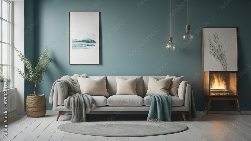 Rustic sofa with fur pillow and blanket near fireplace against turquoise wall with poster - obrazy, fototapety, plakaty 