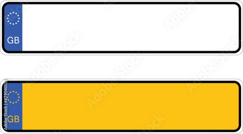Front and rear British vehicle licence plates with EU marking. Vector illustration.