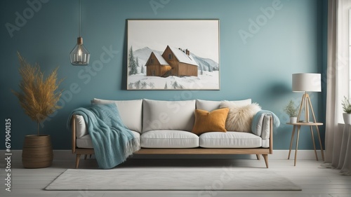 Rustic sofa with fur pillow and blanket near fireplace against turquoise wall with poster