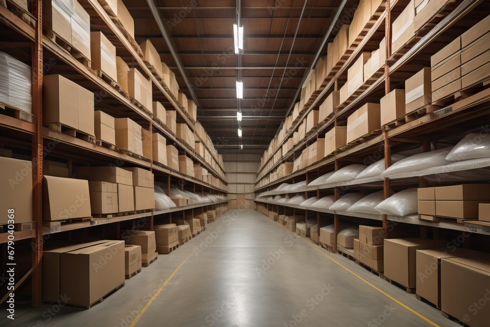 Warehouse full of shelves with goods in cardboard boxes and packages