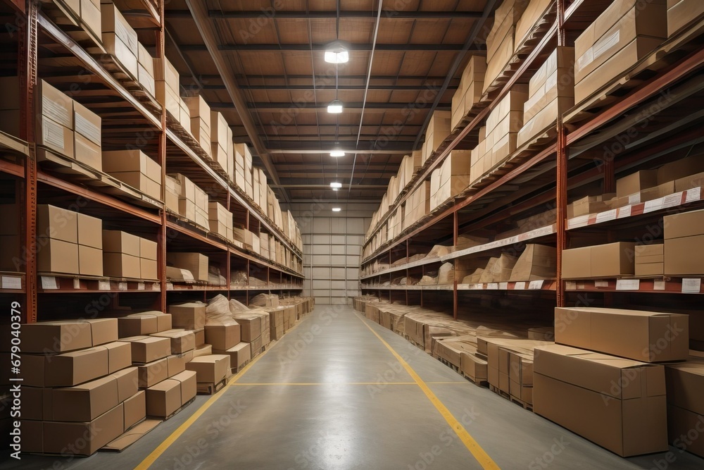 Warehouse full of shelves with goods in cardboard boxes and packages