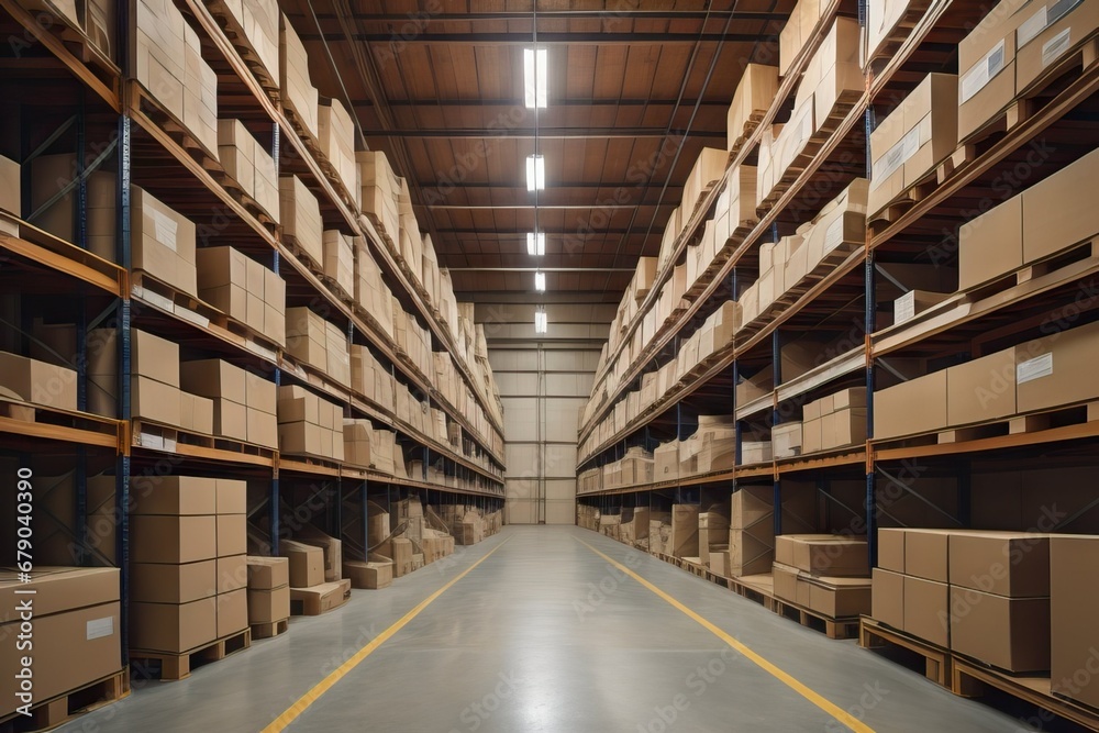 Warehouse full of shelves with goods in cardboard boxes and packages