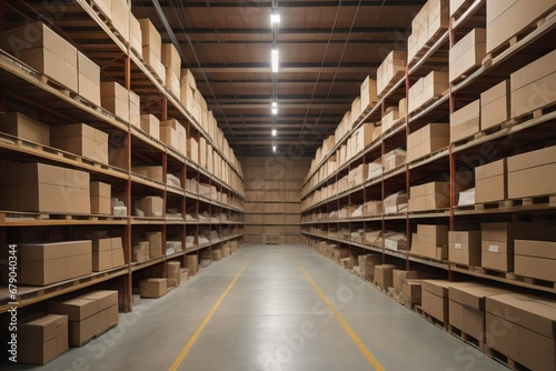 Warehouse full of shelves with goods in cardboard boxes and packages